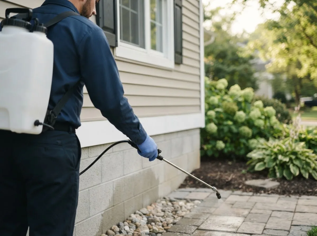 Pest control technician inspecting a home in Caledonia, MN